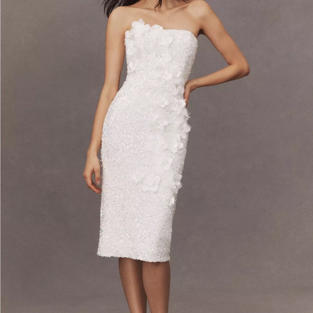 Strapless White Floral Appliqué Sheath Dress
